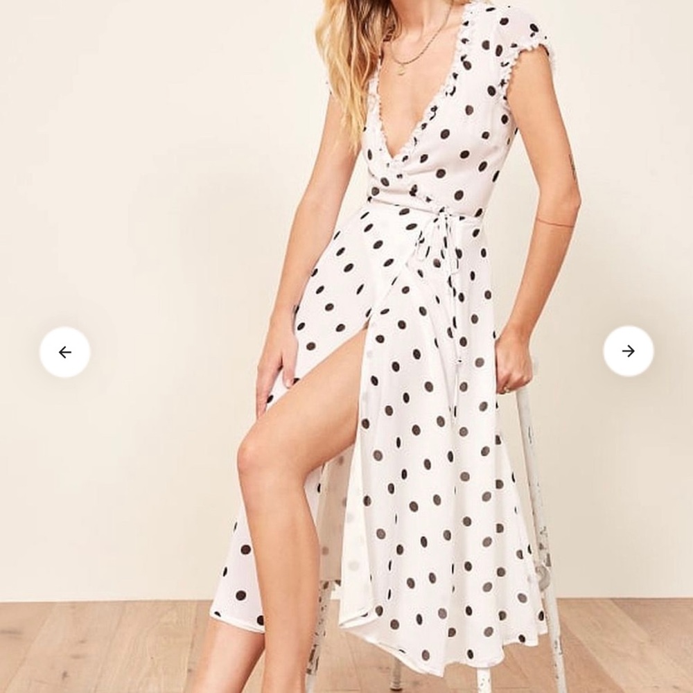 REFORMATION White Black Polka Dot GWENYTH V-Neck Wrap Tie Midi Long Dress M 6/8